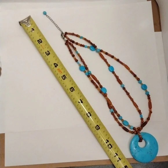 SOLD!! Vtg Coldwater Creek Turquoise Horn Doughnut Orb Wooden Double Necklace! - Picture 7 of 8